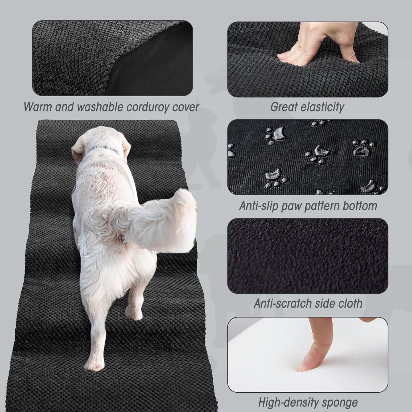 Dog Stairs&Steps for High Beds Up to 28'', 5-Step Dog Ramp for Small Medium Dogs with Washable Cover, Pet Steps for Cats to Get on Couch and Sofa, Durable Foam Ladders, 24.4" Tall, Black