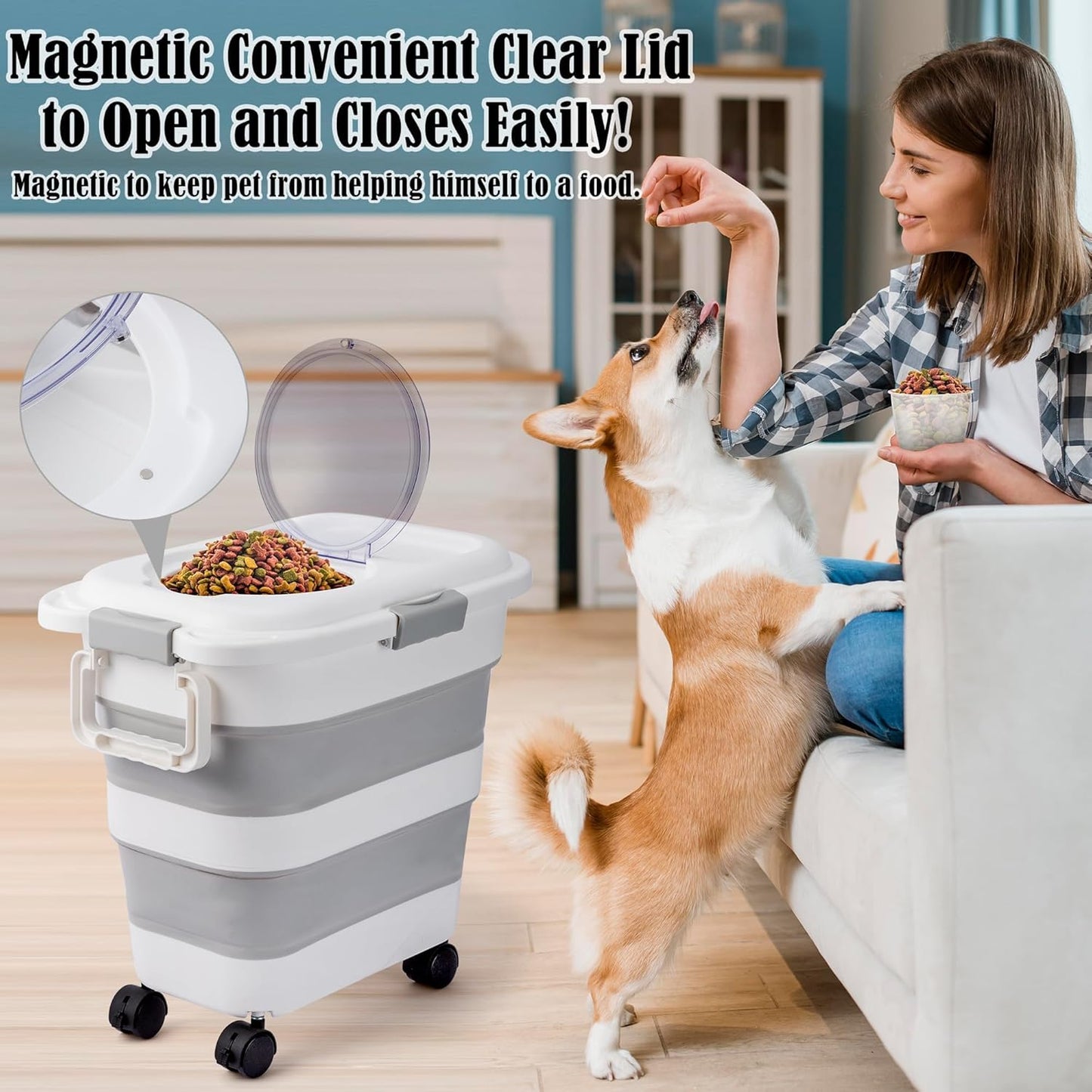 MALLMALL6 Dog Food Storage Container, Collapsible Pet Food Container with Spinner Wheels Scoop and Measuring Cup, Airtight Multifunctional Food Storage Container for Rice Dog Cat Pet Kitchen Dry Food