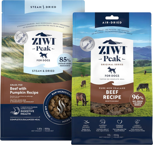 ZIWI Peak Beef Dry Dog Food Bundle- Steam & Dried Beef w/Pumpkin (28.8oz) + Air-Dried Beef (16oz)