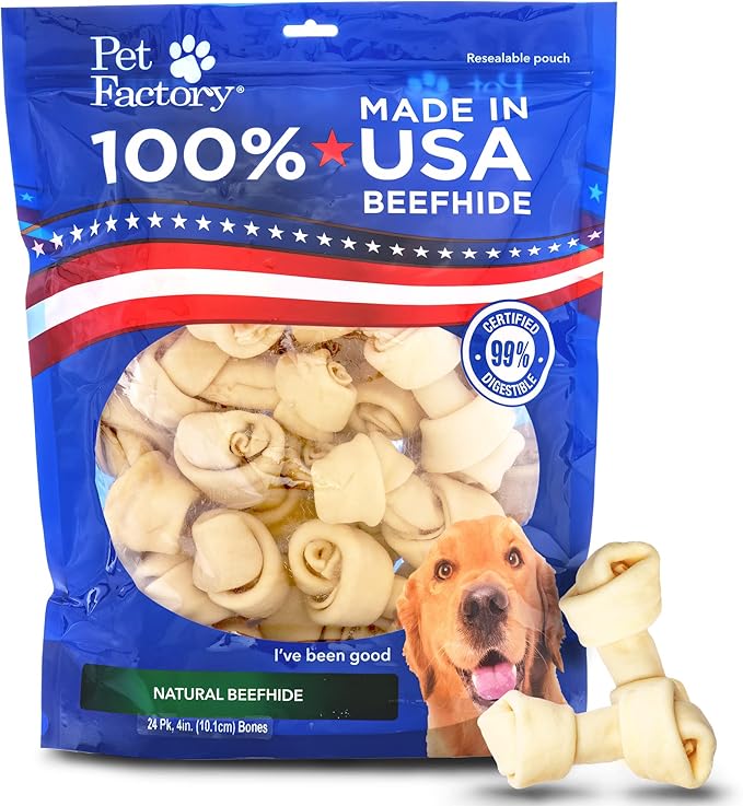 Pet Factory 100% Made in USA Beefhide 4" Knotted Bones Dog Chew Treats - Natural Flavor, 24 Count/1 Pack