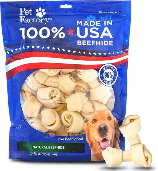 Pet Factory 100% Made in USA Beefhide 4" Knotted Bones Dog Chew Treats - Natural Flavor, 24 Count/1 Pack