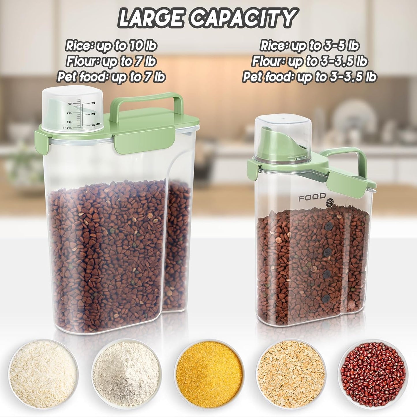 Dog Food Storage Container, Upgraded Large Nozzle BPA-free, 3-5 LBS Plastic Pet Food Storage Containers, With 4 Sealed Clasps, 1 Measuring Cup and Handle (Avocado Green (3L+5L))