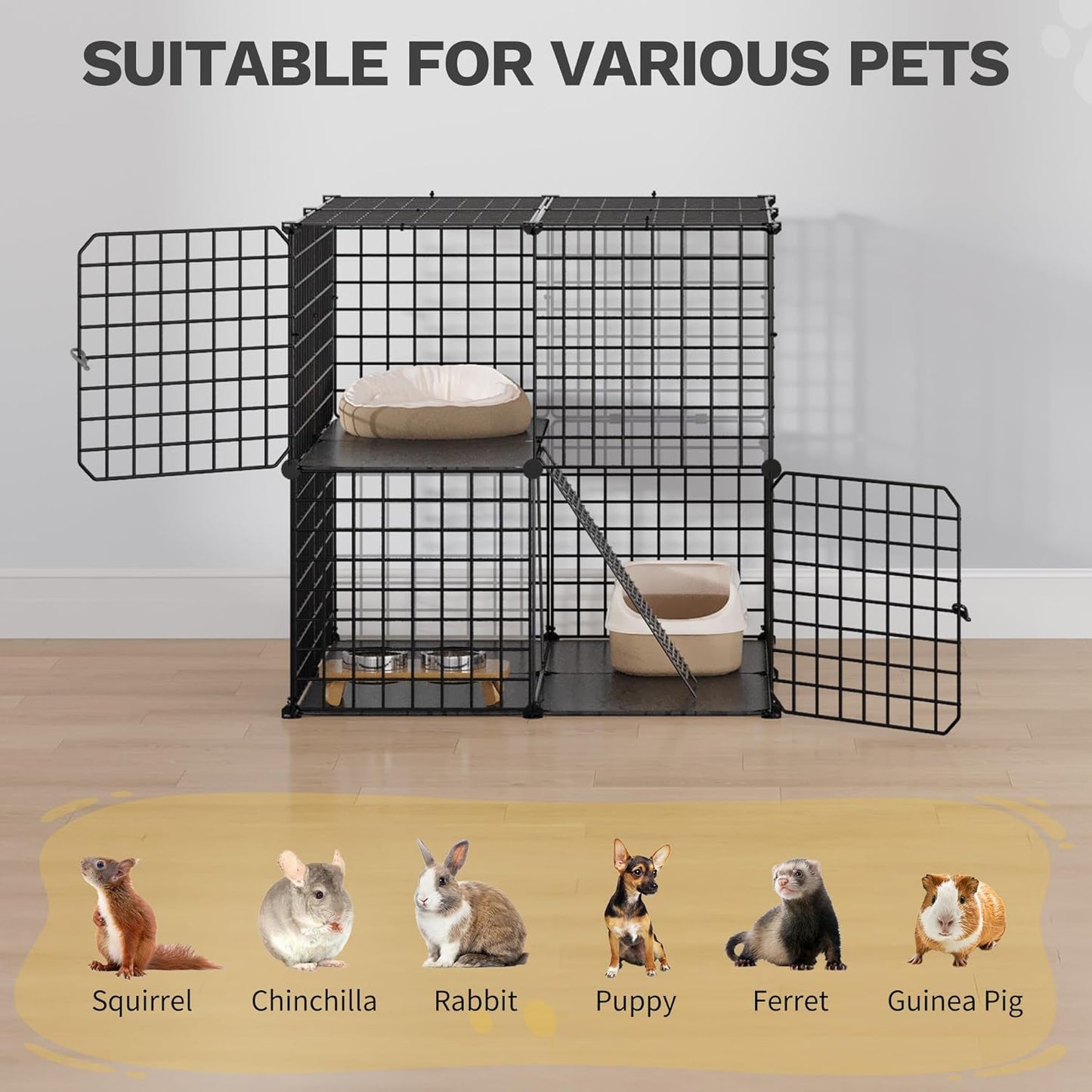 DWVO Cat Enclosure for Kittens, 2-Tier Pet Cage for Small Animals, Kitty Playpen House for Indoor Outdoor Black