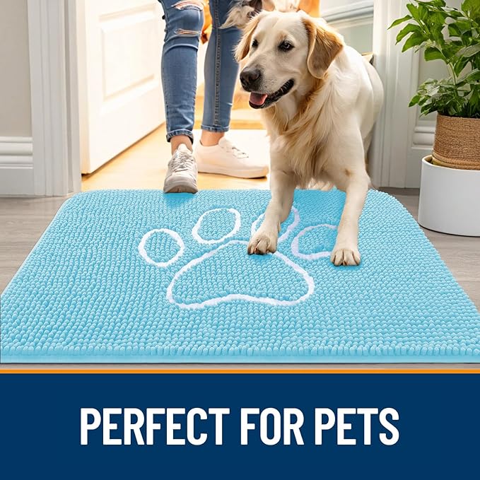 OLANLY Door Mat for Muddy Dog Paws 48x30, Ultra Absorbent Chenille Mud Doormat with Paw Print Design, Non-Slip Washable Doormat for Indoor Entryway, Quick-Dry Pet Bed Mats for Dirty Dogs, Blue