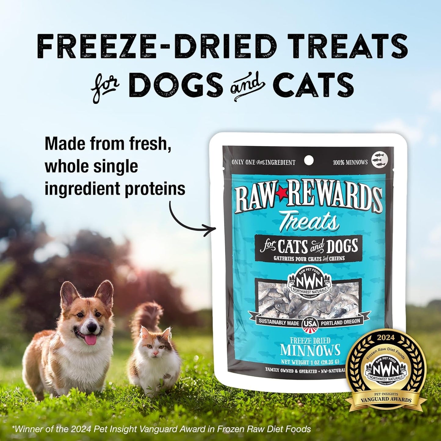 Northwest Naturals Raw Rewards Freeze-Dried Minnow Treats for Dogs and Cats - Bite Sized Pieces - Grain Free - 1 Ingredient - Healthy - Human Grade - All Natural - USA Made - 1 Oz