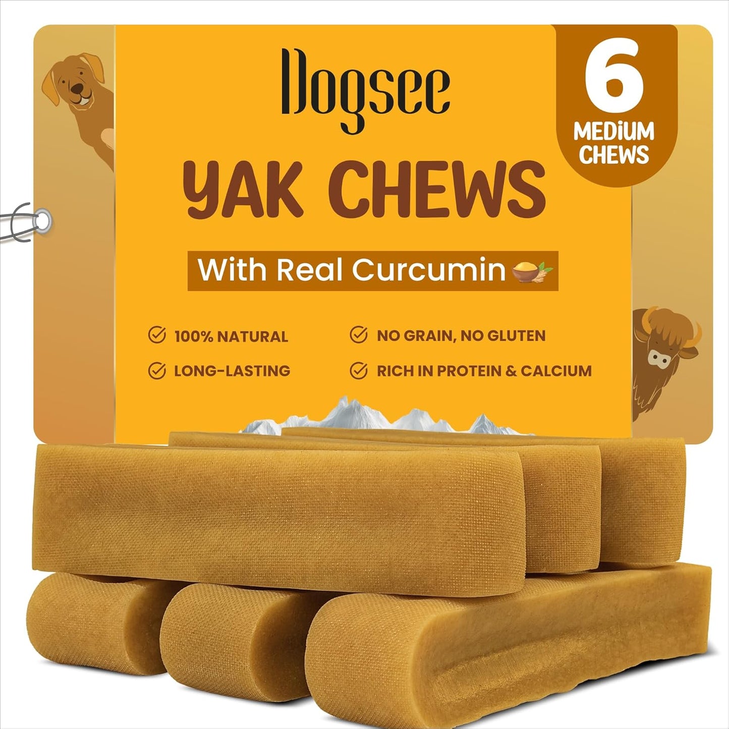 Dogsee Himalayan Yak Cheese Dog Chews with Turmeric/Curcumin (Medium - 6Chew) | Long Lasting | Anti-inflammatory | Fights Plaque and Tartar | Odorless Dog Treats