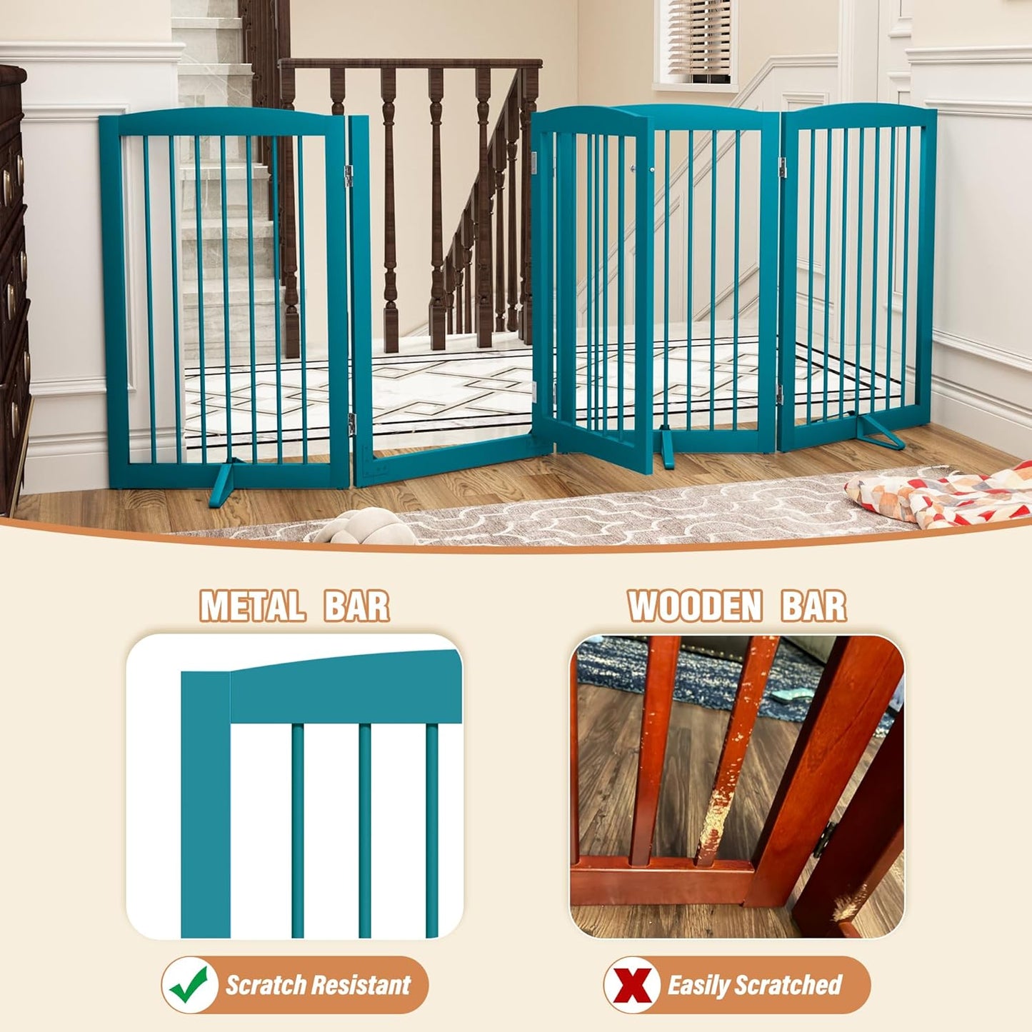 Freestanding Dog Gates with Door Walk Through, Pet Gate for Stairs, 80 inch Wide Gates Indoor, Dog Fences Indoor, Support Feet Included, 4 Panels, 32" Tall, Blue