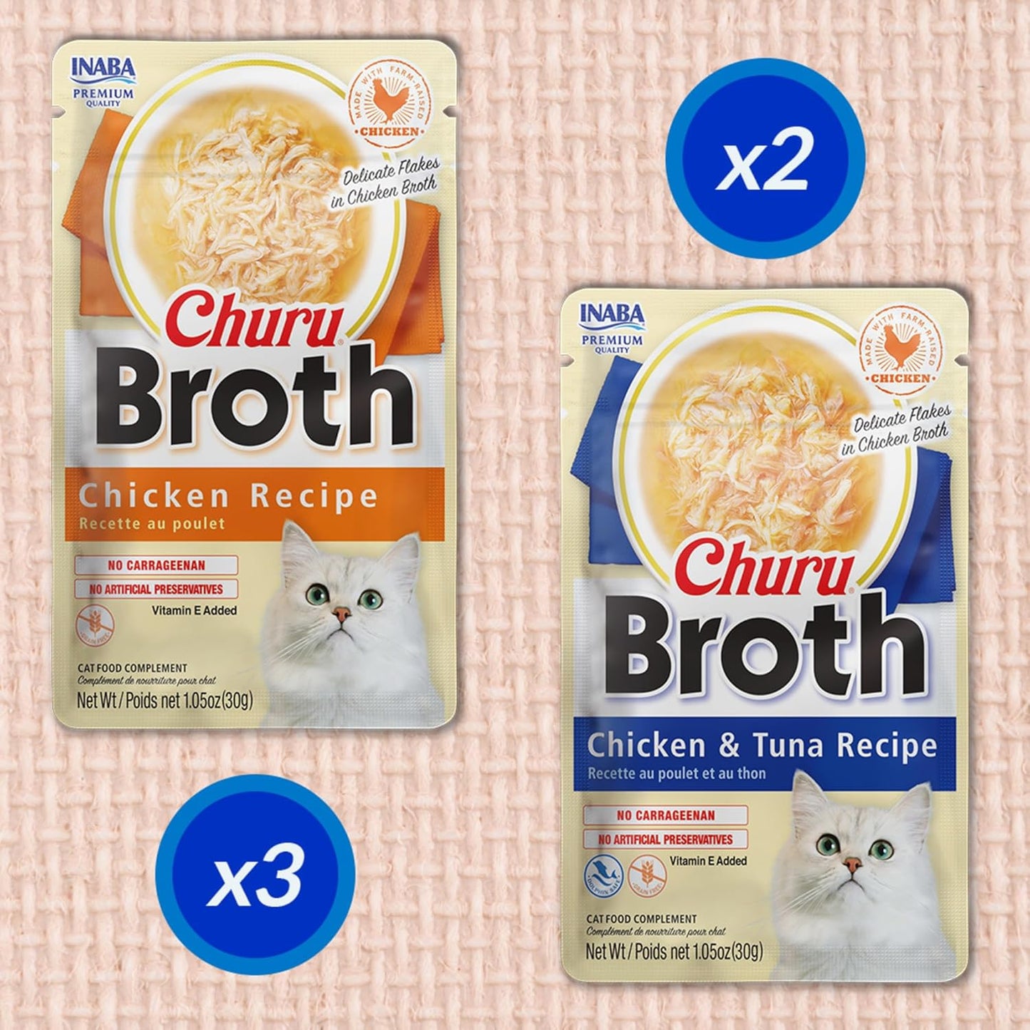 INABA Churu Broth for Cats, Creamy Broth with Shredded Chicken Side Dish Pouch, 1 Ounce per Pouch, 15 Pouches, Chicken & Tuna Variety Pack