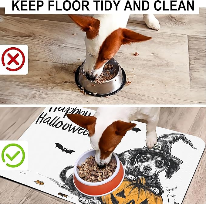 Halloween Cat Dachshund Dog Cat Food Mat-Absorbent Placemat for Food and Water Bowl, Waterproof Non Slip Rubber Backing Dog Food Mats for Floors, Pet Supplies 12 * 20 inch
