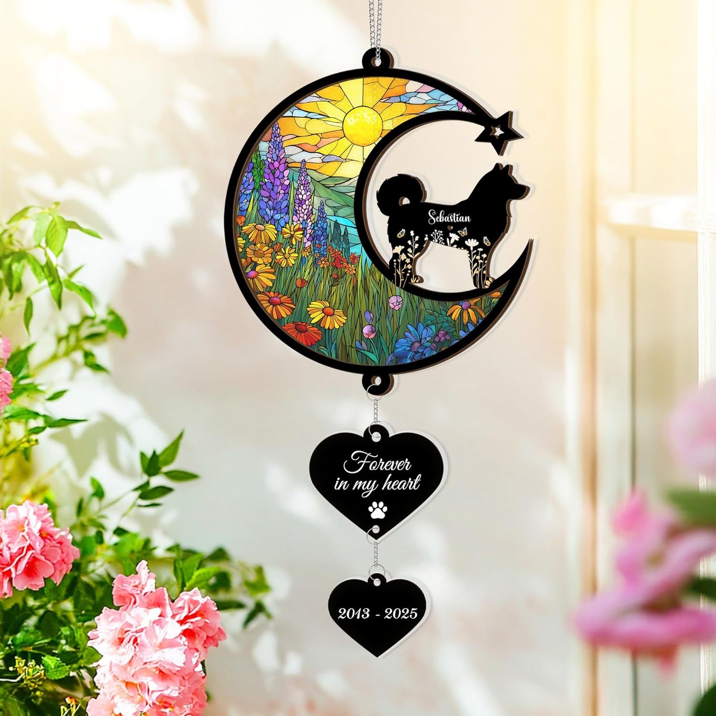 Custom Dog Memorial Suncatcher – Personalized Pet Loss Gift with Name, Breed & Background Variations, Remembrance Keepsake for Dog Lovers