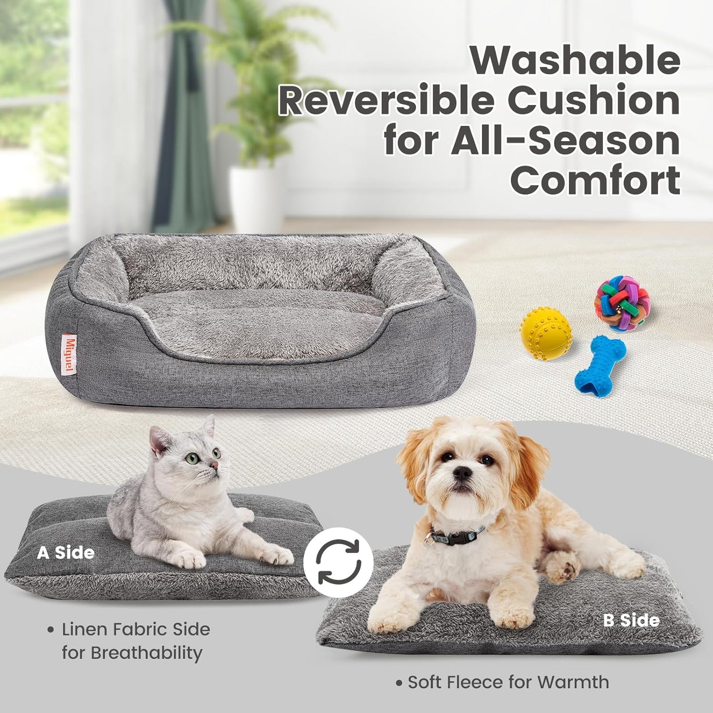Miguel Faux Linen Dog Bed with Removable Cushion Pillow for Medium Small Dogs, Washable Pet Bed with Side Easy to Wash Puppy Bed, Rectangle Cat Bed for Indoor Cat with Anti-Slip Bottom, Gray 25 Inch