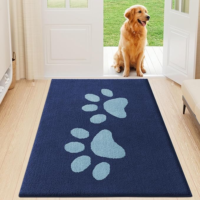 Buganda Dog Door Mat for Muddy Paws, Absorbent Dirt Trapper Washable Indoor Doormats, Non Slip Low-Profile Mud Mat for Dogs, Front Entrance Doormat for Inside Floor (47x24 Inches, Dark Blue)