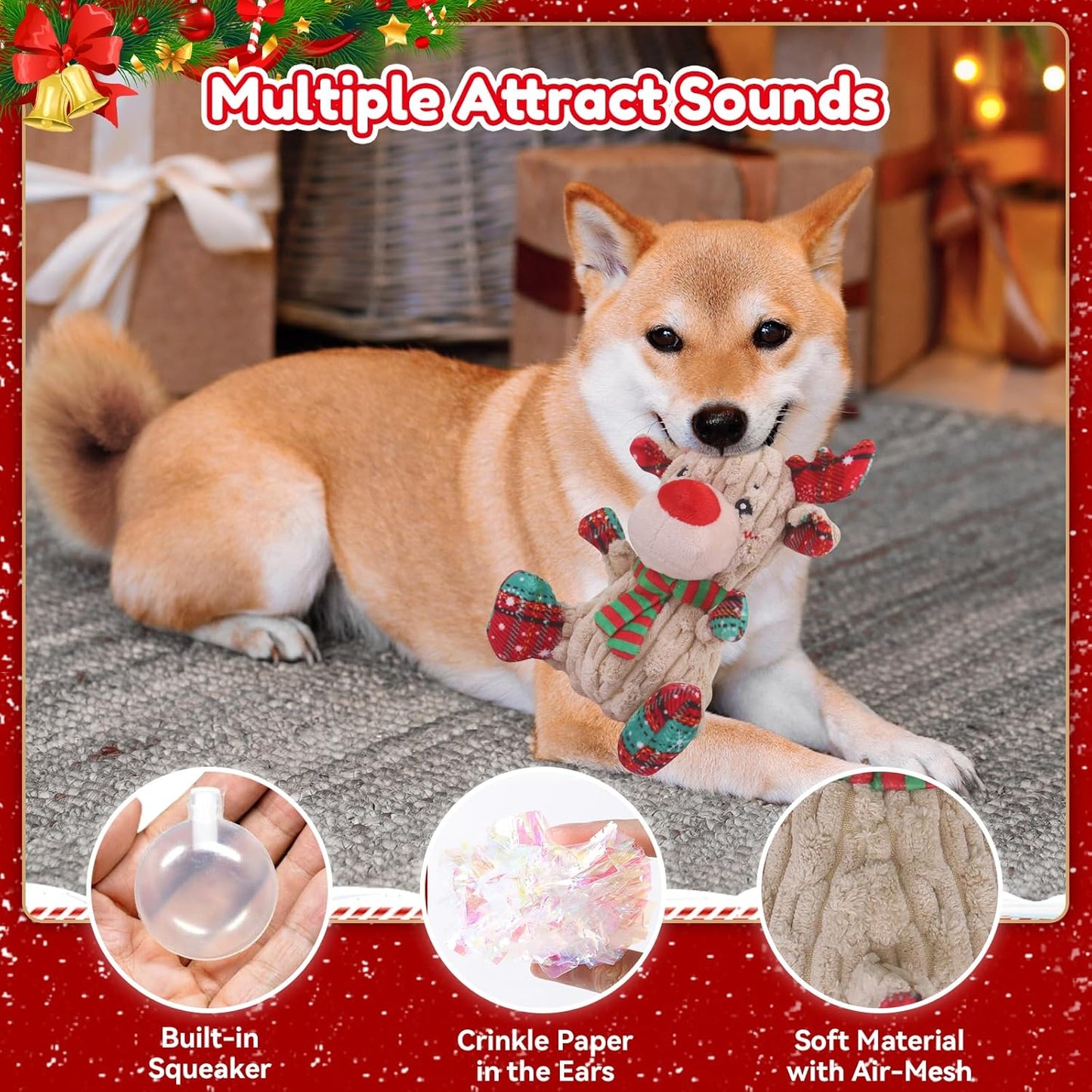 Christmas Dog Toys, Funny Squeaky Reindeer Toy with Crinkle Paper Attract Pets, Interactive Plush Chew Toys, Adorable Christmas Elk Dog Gifts for Small Medium Large Dogs