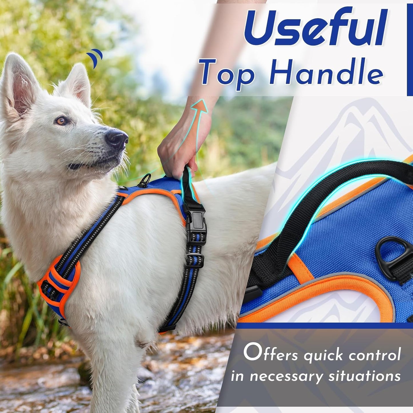 Eagloo Dog Harness for Large Dogs, No Pull Service Vest with Reflective Strips and Control Handle, Adjustable and Comfortable for Walking, No Choke Harness with 2 Metal Rings, Blue & Orange, M