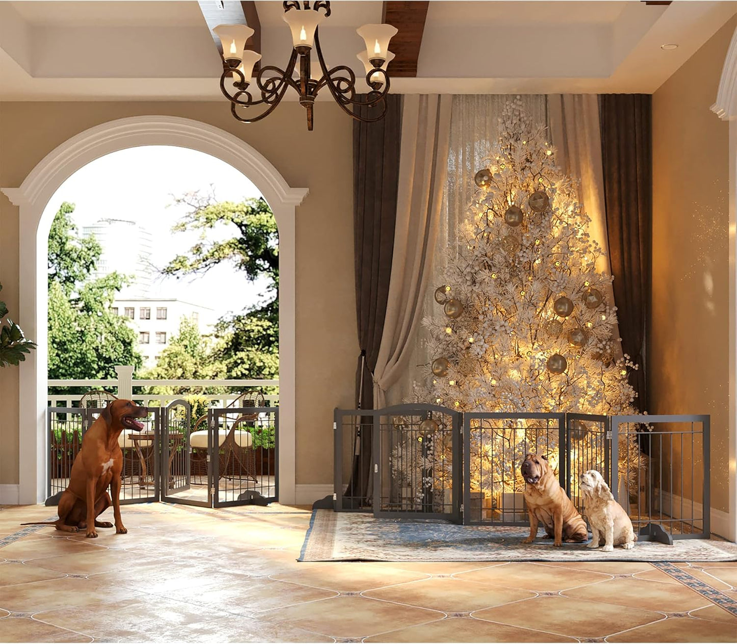 JSB 96-inch Extra Wide 30-inch Tall Dog gate with Door Walk Through, Freestanding Pet Gate for Halls, Stairs & Home, Pet Puppy Safety Dog Fence with 2PCS Support Feet (Black)