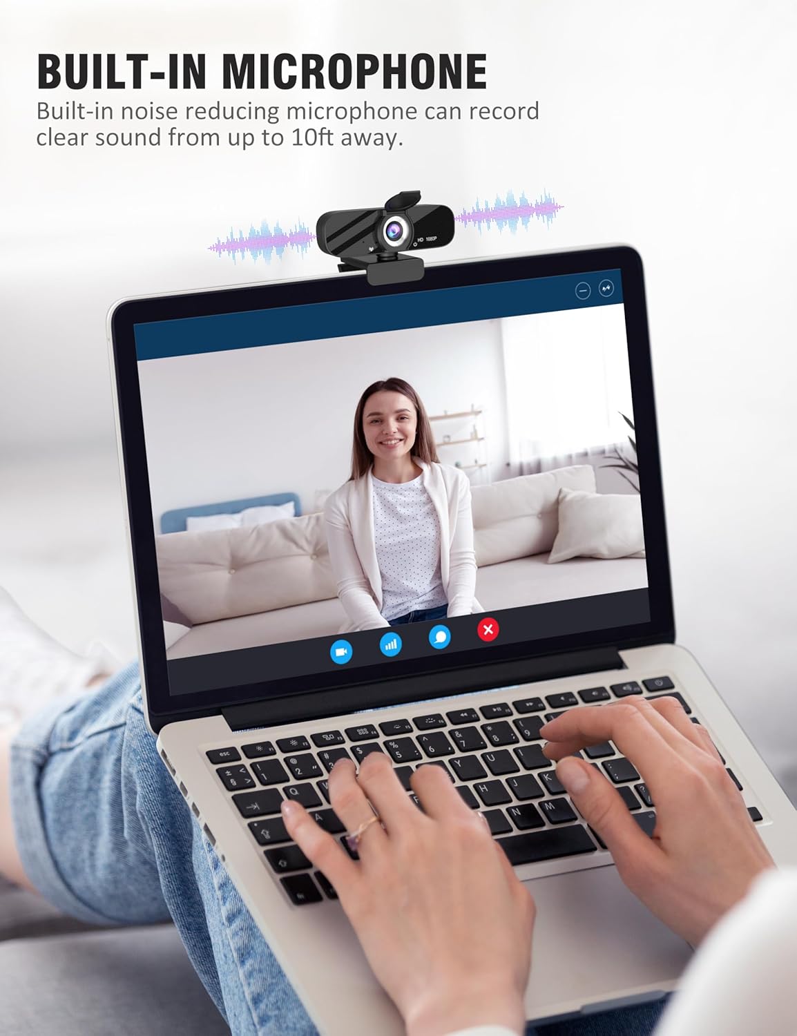 Full HD 1080P Webcam with Microphone, Wide Angle, Rotatable Tripod, Privacy Cover