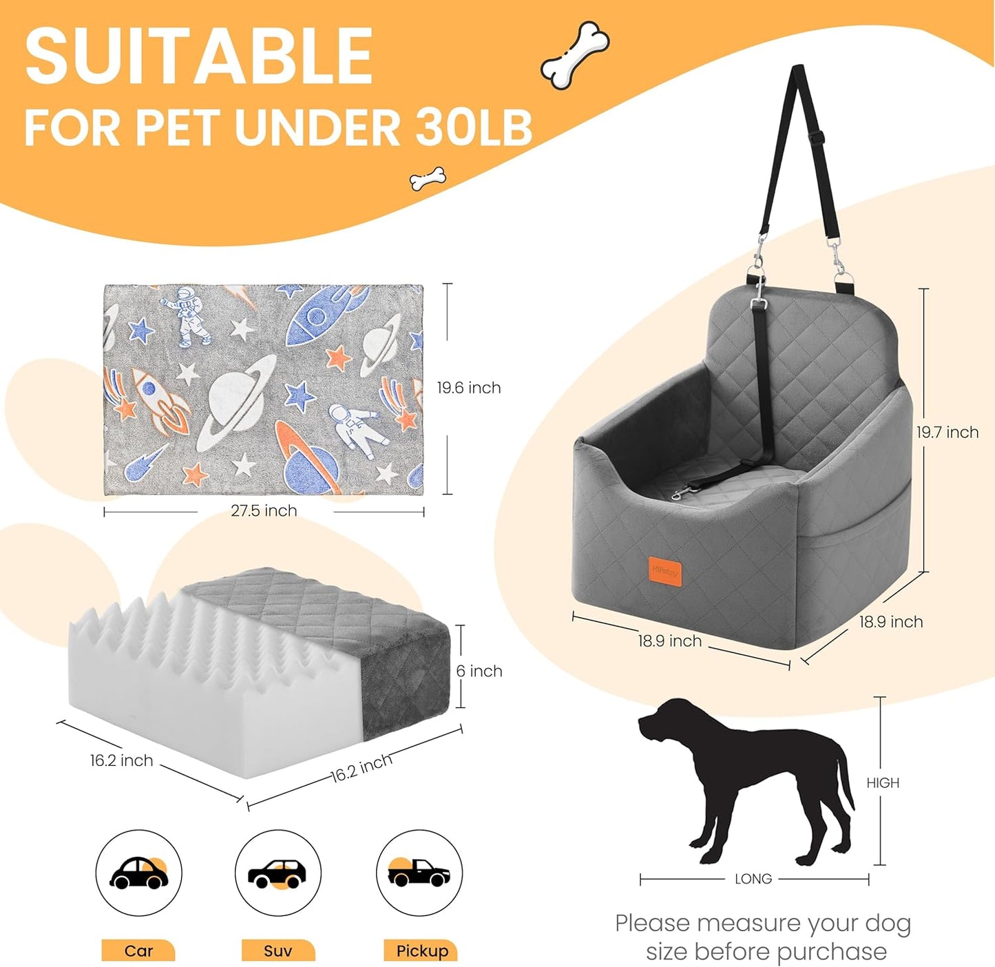 Dog Car Seat for Small Dog with Washable Mat, Memory Foam Booster Seat for Dogs Under 30lb, Elevated Pet Seat with Pockets, Anti-Slip Bed for Car, Perfect for Front & Back Seats with Safety Leash