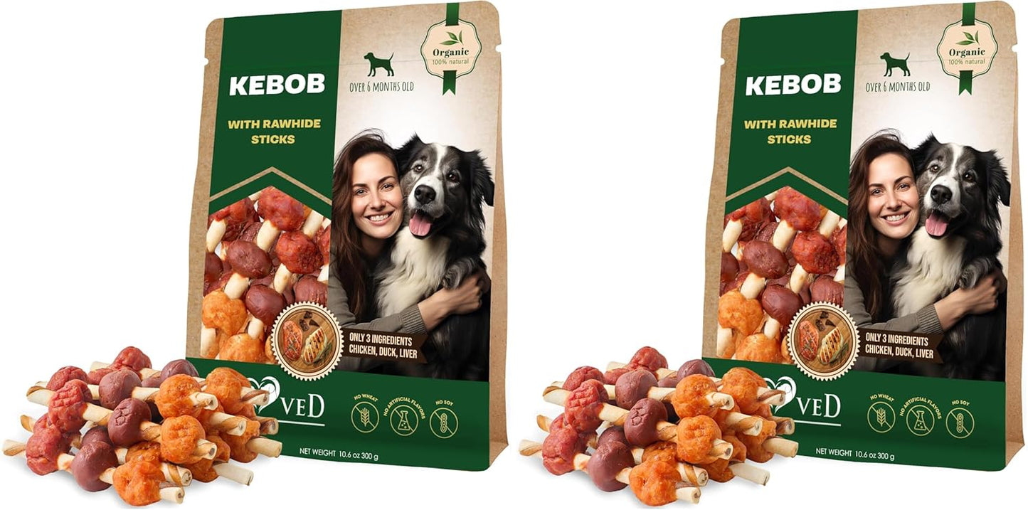 Dog Treats Rawhide Kabobs with Duck & Chicken Human Grade Meat 11 Oz - All Natural & Dried Snacks - Grain Free Long Lasting Chews for Large & Small Dogs - Best Sticks for Training (Pack of 2)