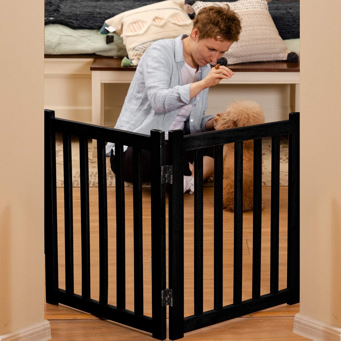 LZRS 2-Panel Wooden Free Standing Foldable Dog Gate Indoor – Solid Hardwood 24" High, Step-Over Safety Pet Gate for Doorways, Stairs & Small Spaces - Indoor Use, Black