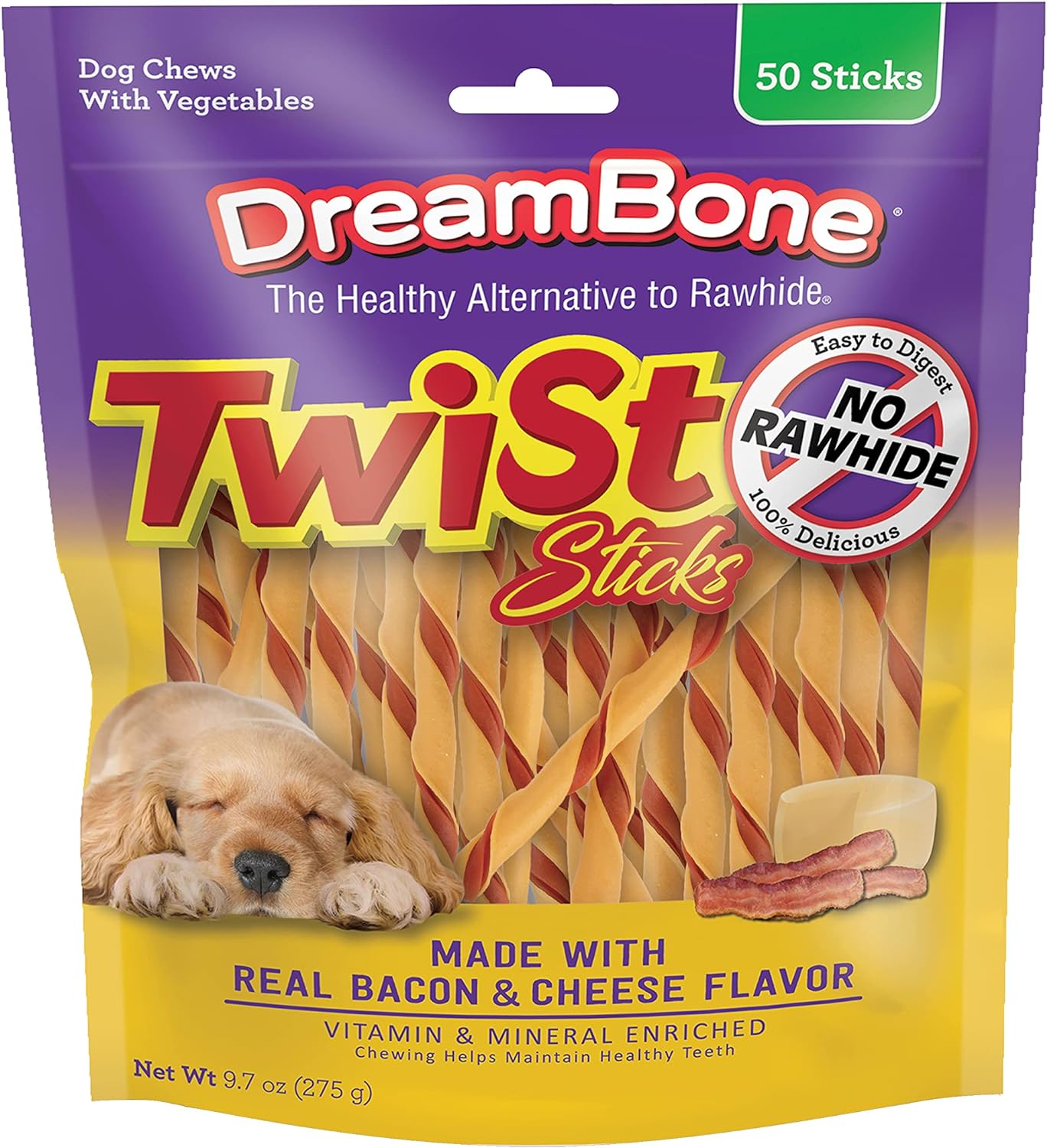DreamBone Twist Sticks, Made With Real Bacon And Cheese Flavor, Rawhide-Free Chews For Dogs, 50 Count