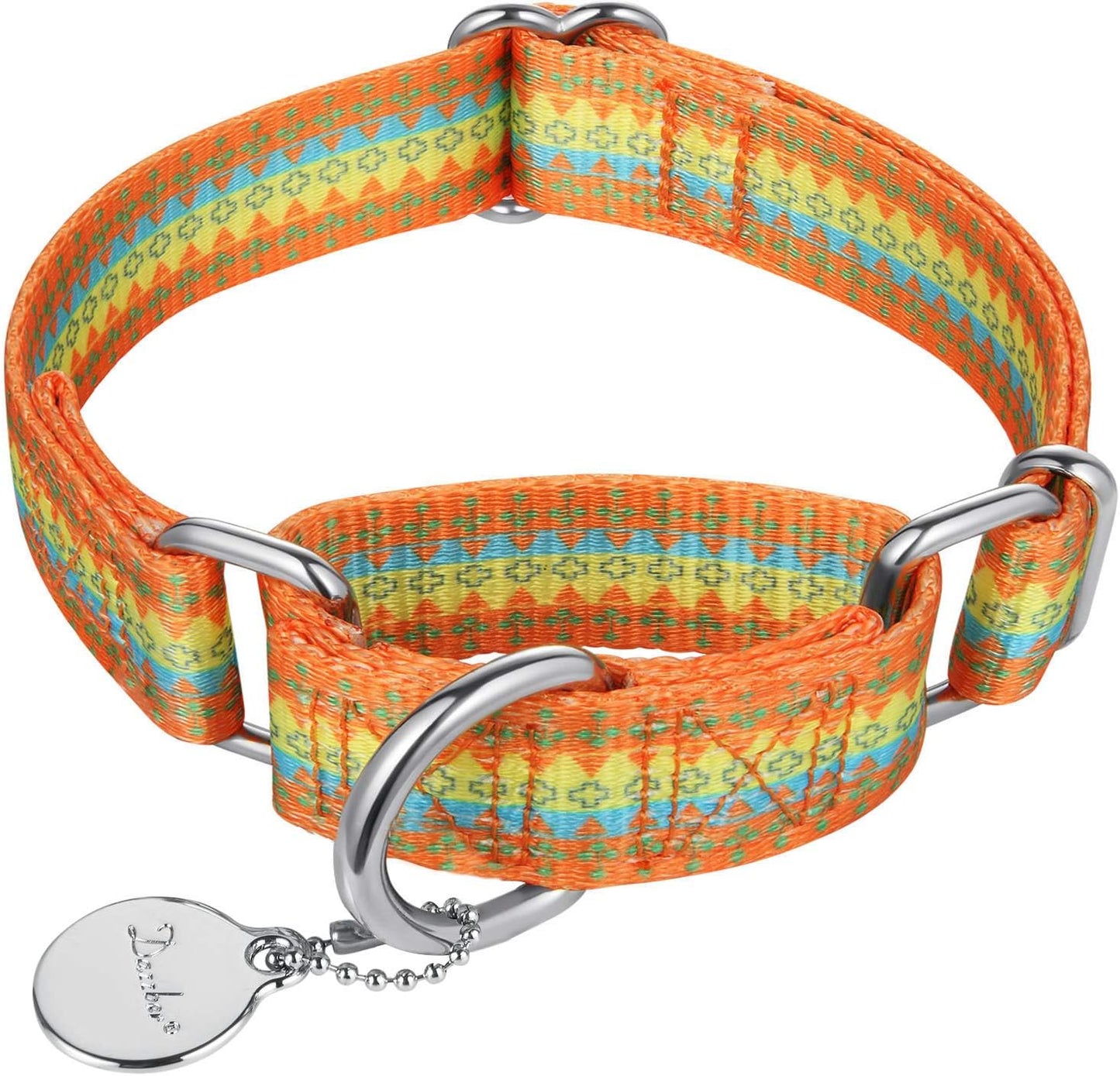 Fashion Print and Unique Geometric Pattern Martingale Dog Collar, Silky Soft Safety Training Collars for Small to Large Dogs (Large, 1 Inch Wide, Orange Yellow and Green)