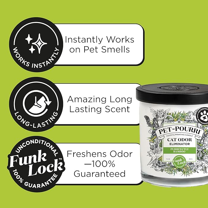Pet-Pourri Purrfectly Bamboo Cat Deodorizer Candle – Cat Safe Plant Based Ingredients & Wax – Vet Approved – Aromatherapy & Air Freshener for Kitty Odor – Scented with Bamboo, Jasmine & Pear