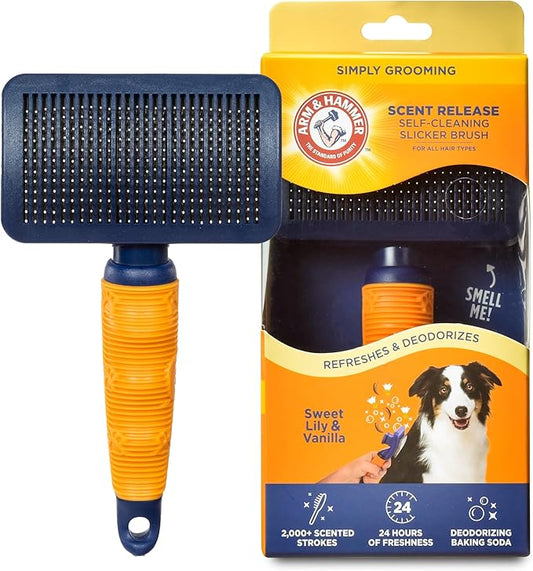 Arm & Hammer “Simply Calm” Dog Grooming Slicker Deodorizing Brush with Fragrance Transfer Technology – Scented Self-cleaning for Shedding, Scented for Dogs with Sweet Lily & Vanilla Scent