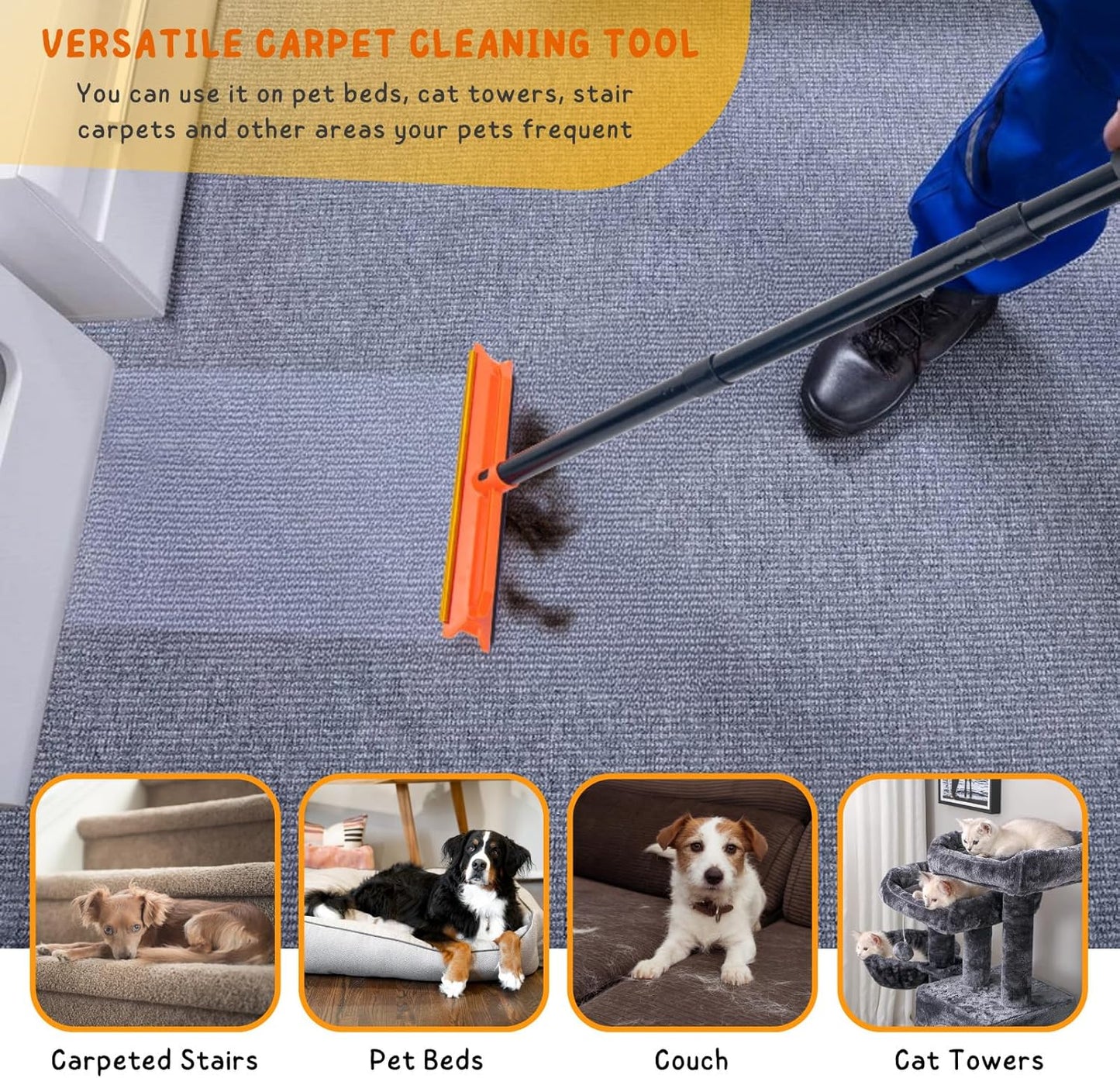 Carpet Rake, Pet Hair Removal Tool for Dog and Cat, 56'' Long Handle Rug Scraper for Stair Carpets, Mats, Couch