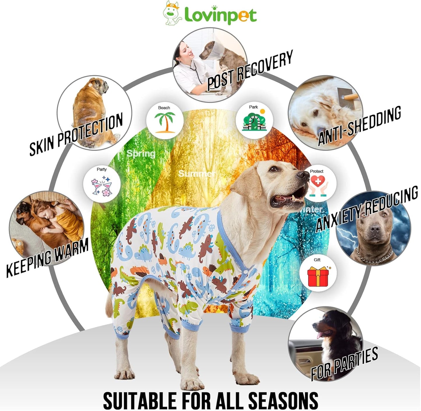 LovinPet Large Dog Pajamas, Dinosaur Print Style, UV Protection, Post Surgery, Anxiety Relief, Pet Pajamas for Dogs, Light Weight Big Dog Pullover, Full Coverage Pitbull Types PJ's, 2XL