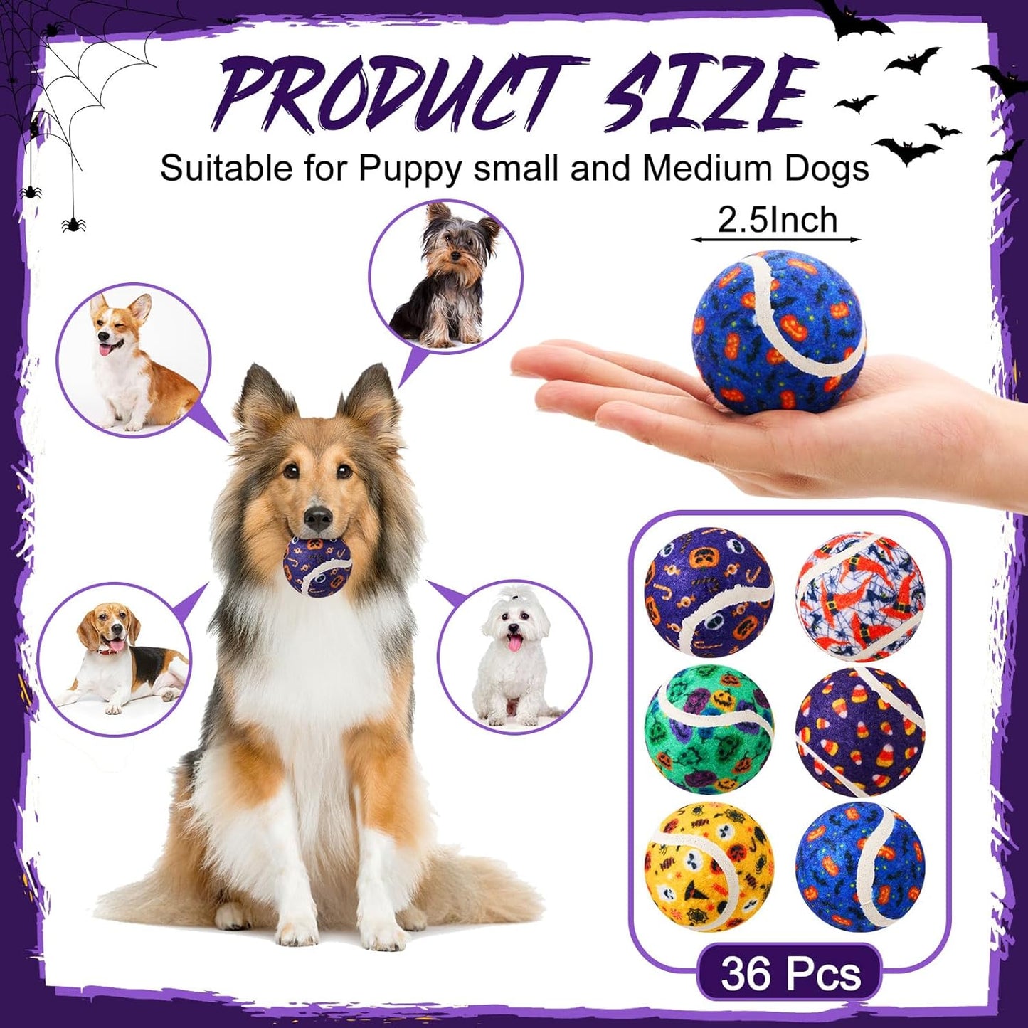Civaner 36 Pcs Halloween Dog Toys Bulk, 2.5 Inch Squeaky Tennis Balls for Small Medium Large Dogs Pets Puppy Chew Teething Toy Interactive Training Gifts Xmas Stocking Stuffers