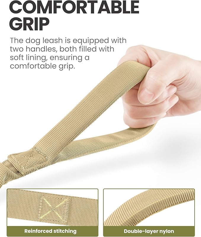 OutdoorMaster Bungee Dog Leash, Heavy Duty Dog Leash with Shock Absorption, 2 Padded Handles Training Leash, Improved Dog Safety and Comfort - Khaki Upgraded, 4 FT