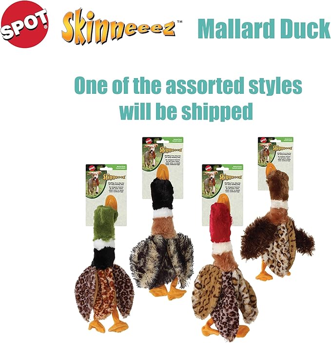 SPOT Skinneeez Mini Mallard Duck 13 Inch Stuffing-Free Plush Squeaky Dog Toy – Soft Interactive Toy for Small and Medium Dogs – Mess-Free Play for Light & Moderate Chewers – Assorted Styles