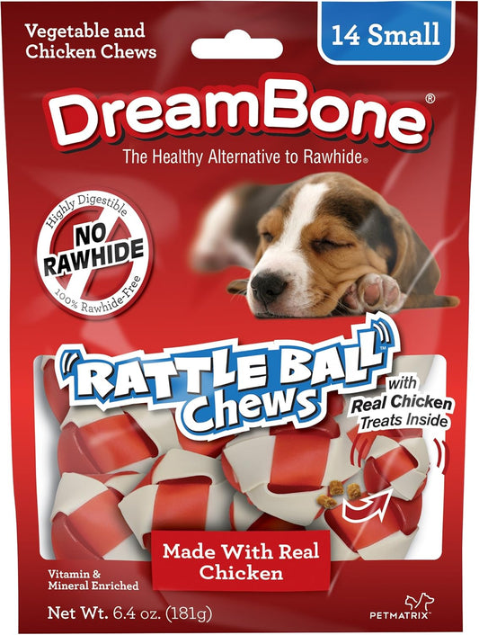 DreamBone RattleBall Small Chews 14 Count, Rawhide-Free Chews For Dogs, With Real Chicken Treats Inside
