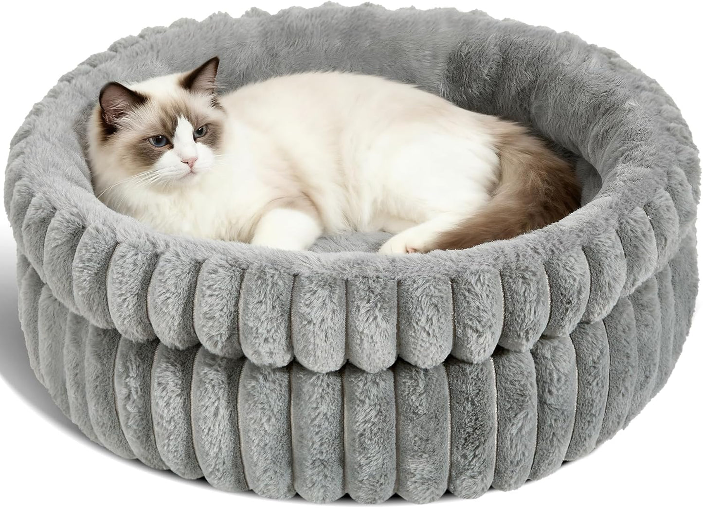 Cat Bed Kitten Bed, Washable Round Cat Beds for Indoor Cats, Super Soft Plush Faux Fur Pet Bed for Puppy and Kitten with Anti-Slip Bottom Medium