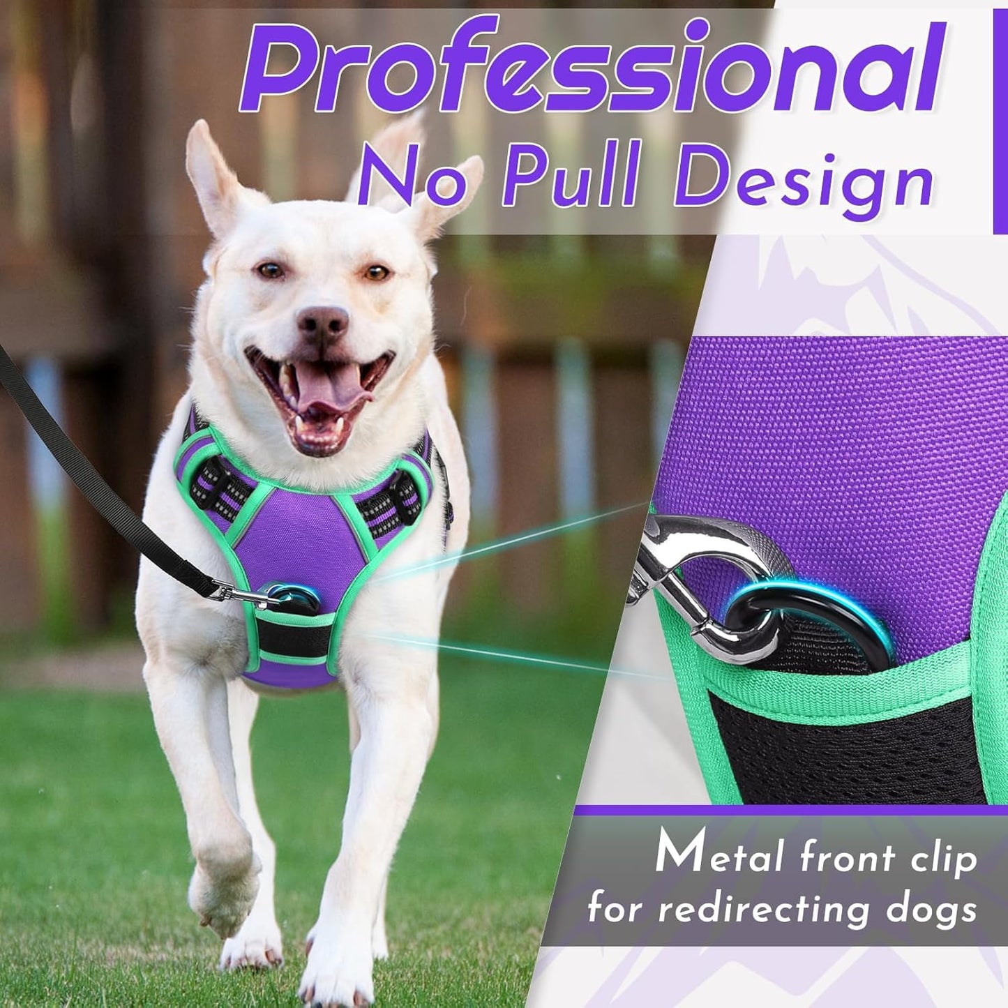 Eagloo Dog Harness Medium Sized Dogs, No Pull Service Vest with Reflective Strips and Control Handle, Adjustable and Comfortable for Walking, No Choke Harness with 2 Metal Rings, Purple & Green, M