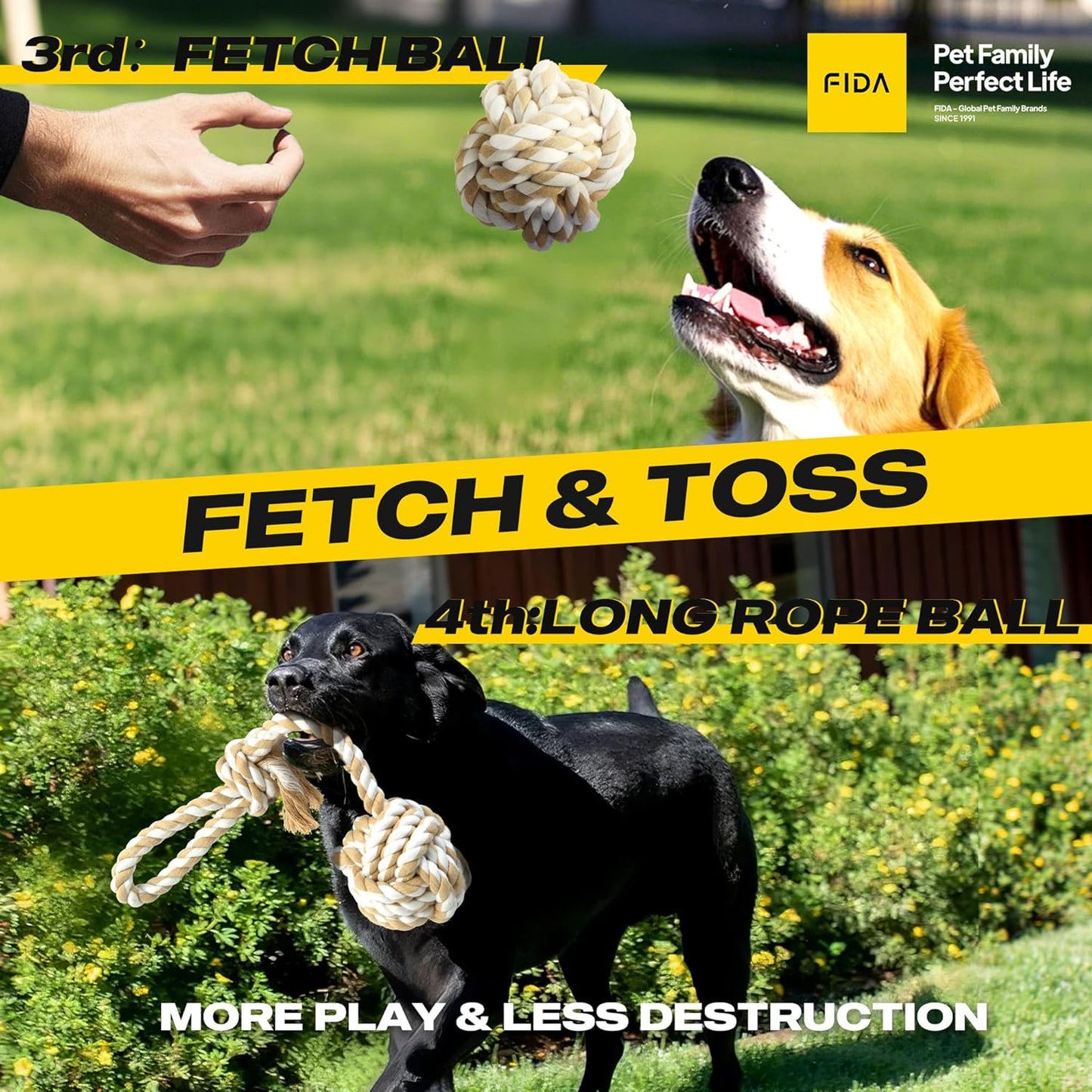 Fida Heavy Duty Dog Rope Toys for Aggressive Chewers 4pcs Pack – Natural Cotton Dog Chew Toys for Large Dogs, Tug-of-War & Fetch Rope Ball/Ring/Knot/Twist to Keep Them Busy