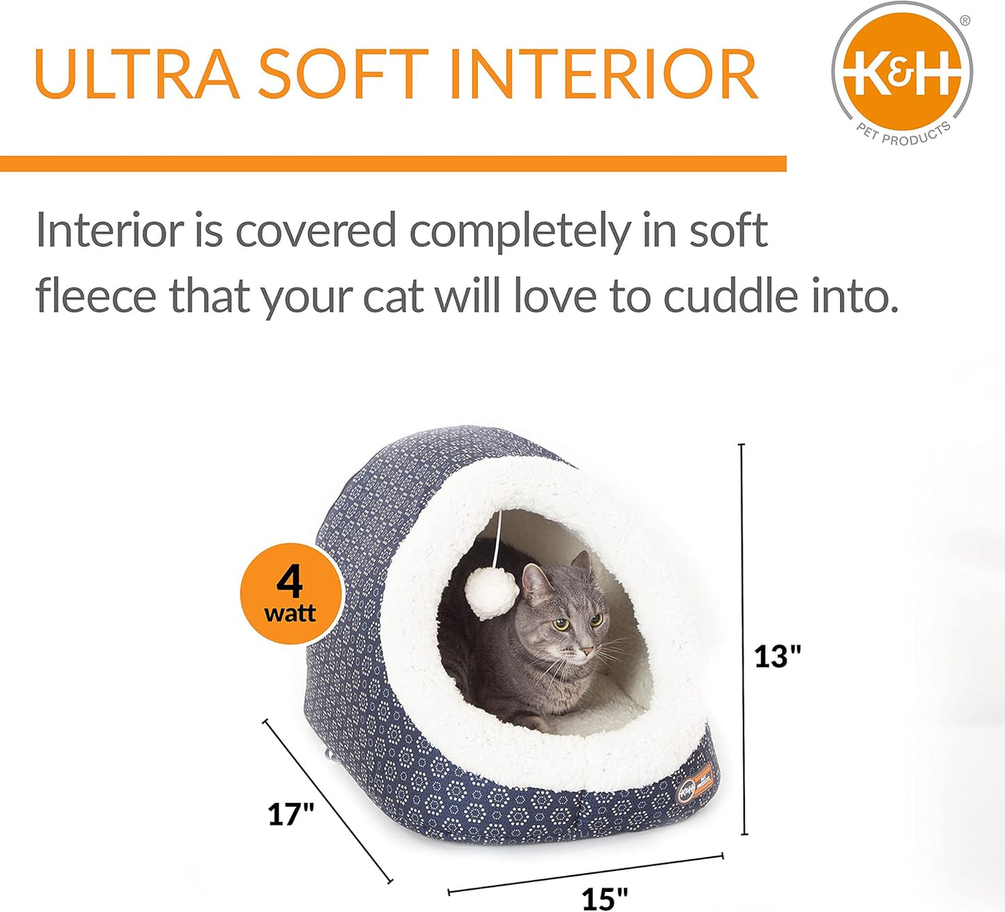 K&H Pet Products Thermo-Pet Cave Heated Cat Bed for Large Cats, Indoor Heated Pet Bed for Dogs & Cats, Covered Cave Pet Tent, Collapsible, Machine Washable, Safety Listed - 17 X 15 X 13in Gray