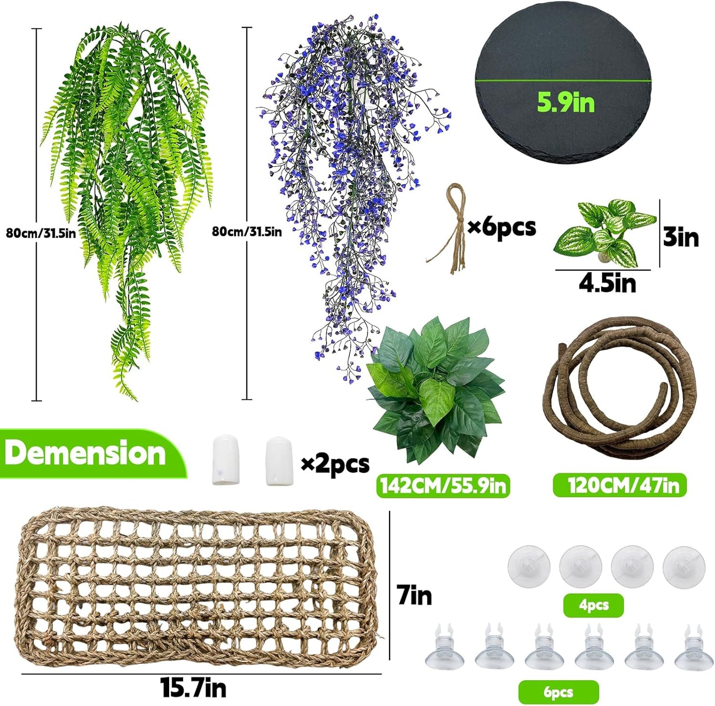 8PCS Bearded Dragon Hammock Reptile Basking Platform Rock Reptile Artificial Plants Leaves & Vines Lizard Habitat Decor Terrarium Tank Accessories for Hiding & Climbing Snake Gecko Bird Chameleon