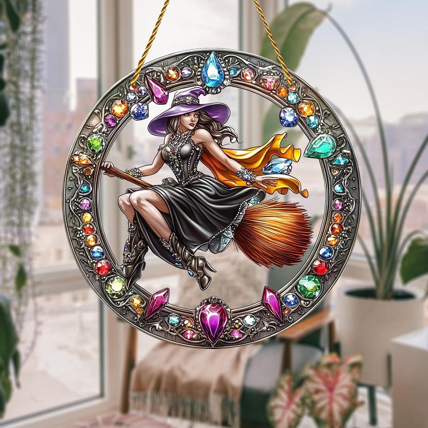 8x8 inch Charming The Witch Rides A Broom Acrylic Stained Glass Window Hanging Sun Catcher Decor Stained Panel Hangings Wall Art Decor, for Friends and Family (Witch Broom)