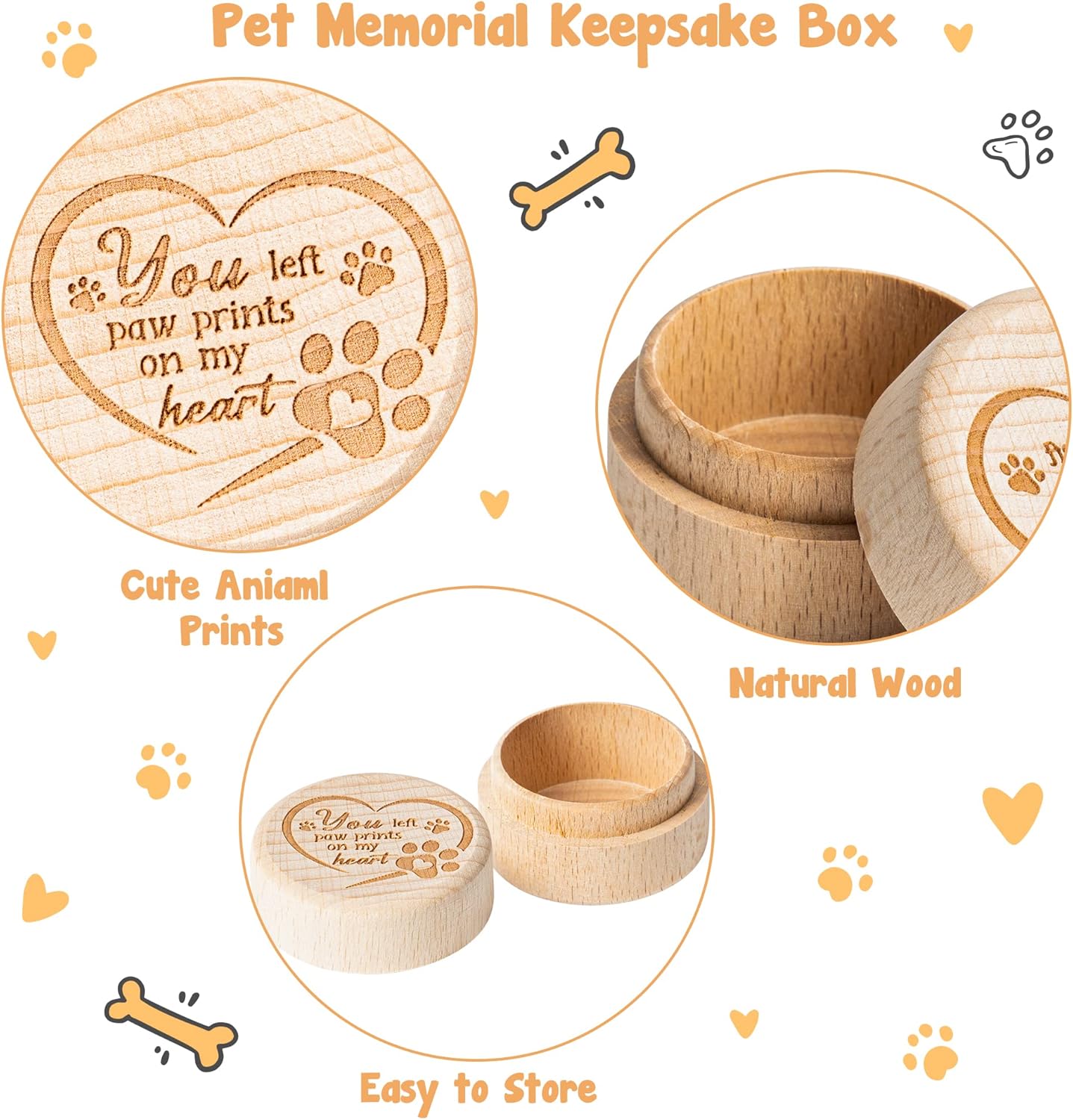 CJiangpo Pet Hair Keepsake Box, Wooden Pet Fur Memorial Box with Paw Engraving, Dog Cat Hair Ashes Container Memorial Urn Loss Sympathy Gifts