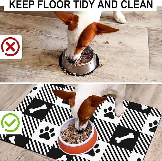 Paw Bone Plaid Pet Cat Dog Food Mat-Absorbent Quick Dry Feeding Placemat for Water and Food, No Stains Rubber Base Mat for Indoor Use, Pet Accessories 12"x20"