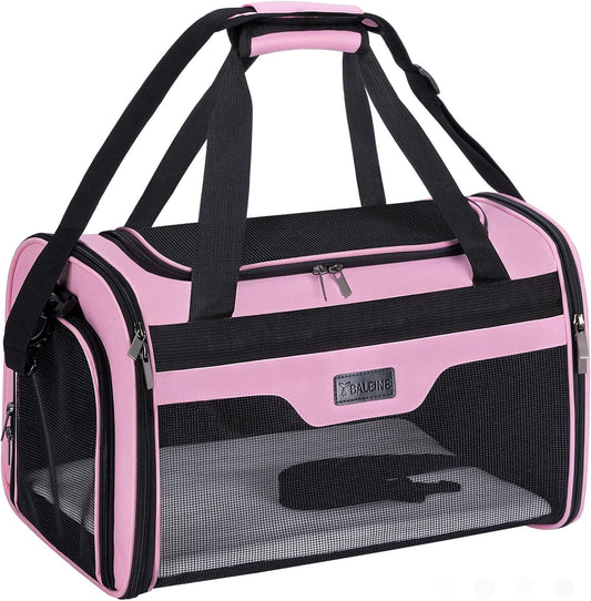 BALEINE Cat Carrier, Puppy Dog Carrier for Small Medium Pets Up to 15 Lbs, Soft-Sided Dog Travel Bag with Safety Zippers, Collapsible Pet Carrying Case (Pink, L, 17"x11"x11")