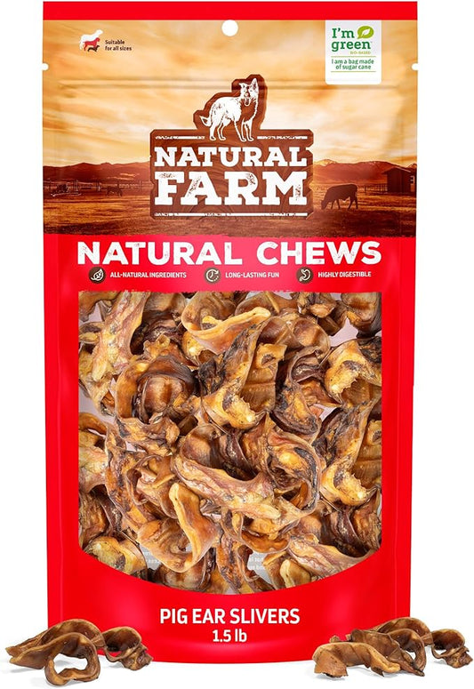 Natural Farm Pig Ear Slivers for Dogs (1.5 Pounds Bag), One Ingredient: Natural Pigs Ear Slivers, Air Dried, Long-Lasting & Highly Digestible Treats, Great for Puppy and Large/Medium Dogs