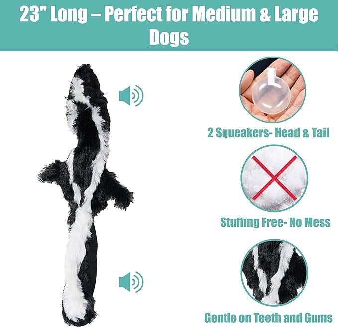 SPOT Skinneeez Skunk 23-Inch Stuffing-Free Plush Dog Toy – Realistic Design with 2 Squeakers – Durable, Soft Polyester for Medium & Large Dogs – Tug, Fetch & Shake Play – for Moderate Chewers