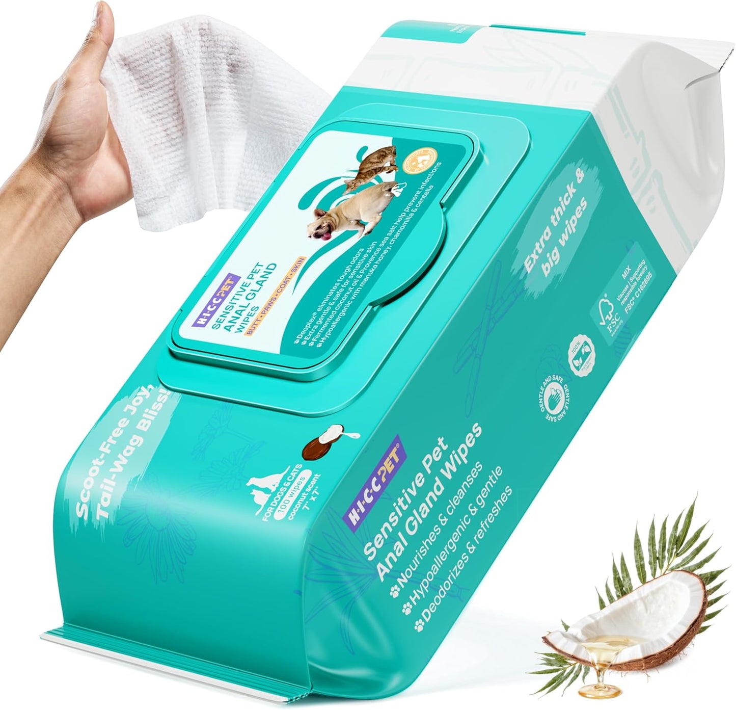 HICC PET Wipes for Dogs & Cats, Vet Recommended Cleansing Deodorizing & Soothing Allergy Infections Anal Gland Wipes with Coconut Oil, Dog Wipes for Cleaning Butt Paw, Remove Small Animal Coat Stain