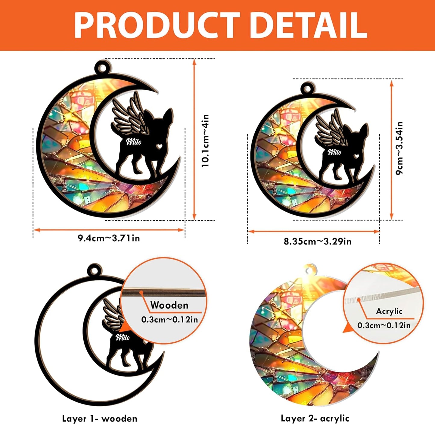 Personalized Pet Memorial Suncatcher – Angel Wing Crescent Moon Ornament with Name – Rainbow Stained Glass Effect Sun Catcher for Dog, Cat, Ferret & More – Custom Pet Loss Tribute for Window or Tree