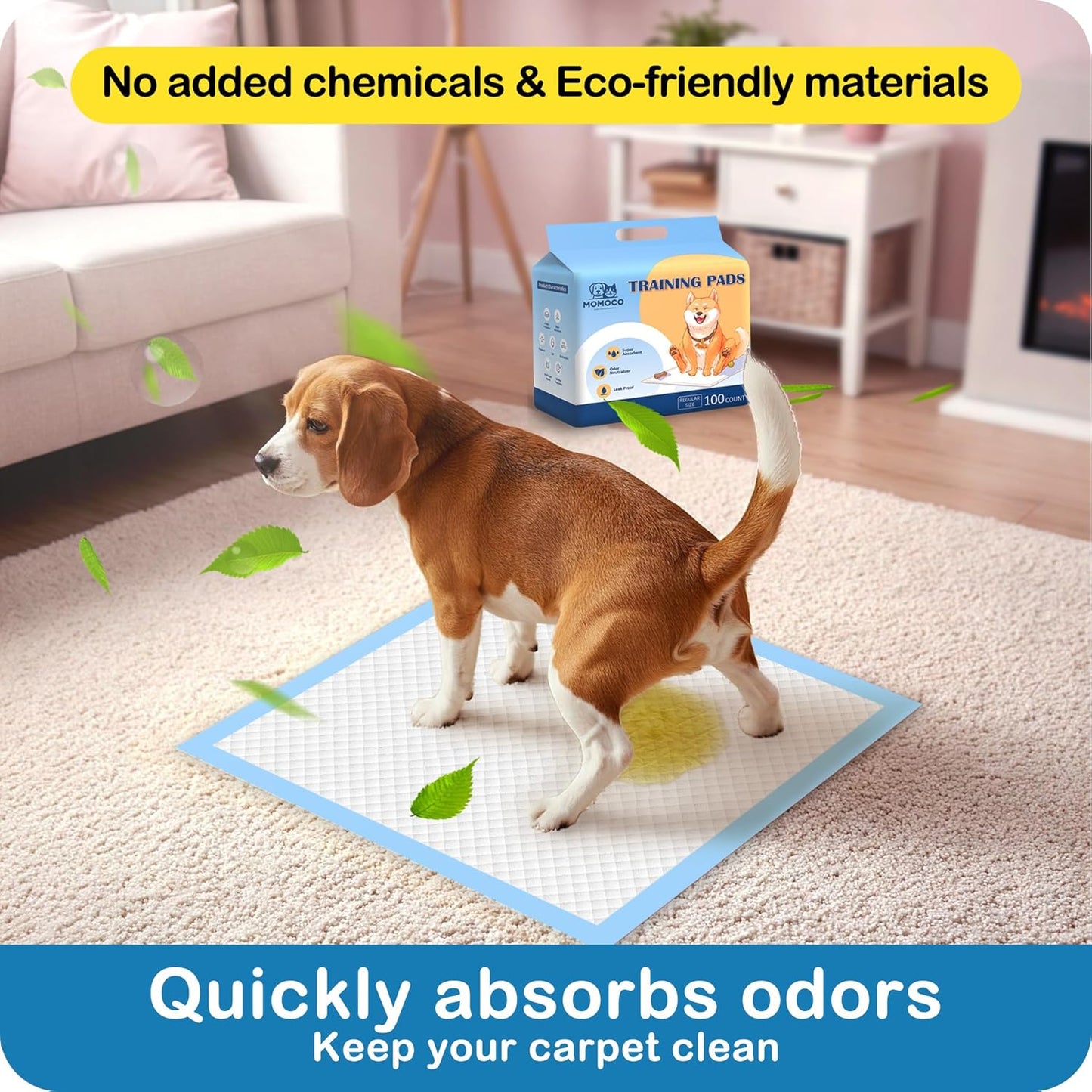 MoMoCo Puppy Pads 23"x23", 100 Count – Super Absorbent, Leak-Proof Potty Pads for Small Dogs & Puppies, Quick-Dry & Disposable