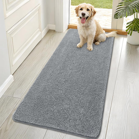 OLANLY Dog Door Mat for Muddy Paws 70x32, Absorbs Moisture and Dirt, Absorbent Non-Slip Washable Doormat, Quick Dry Chenille Mud Mat for Dogs, Entry Indoor Entryway Carpet for Inside Floor, Grey