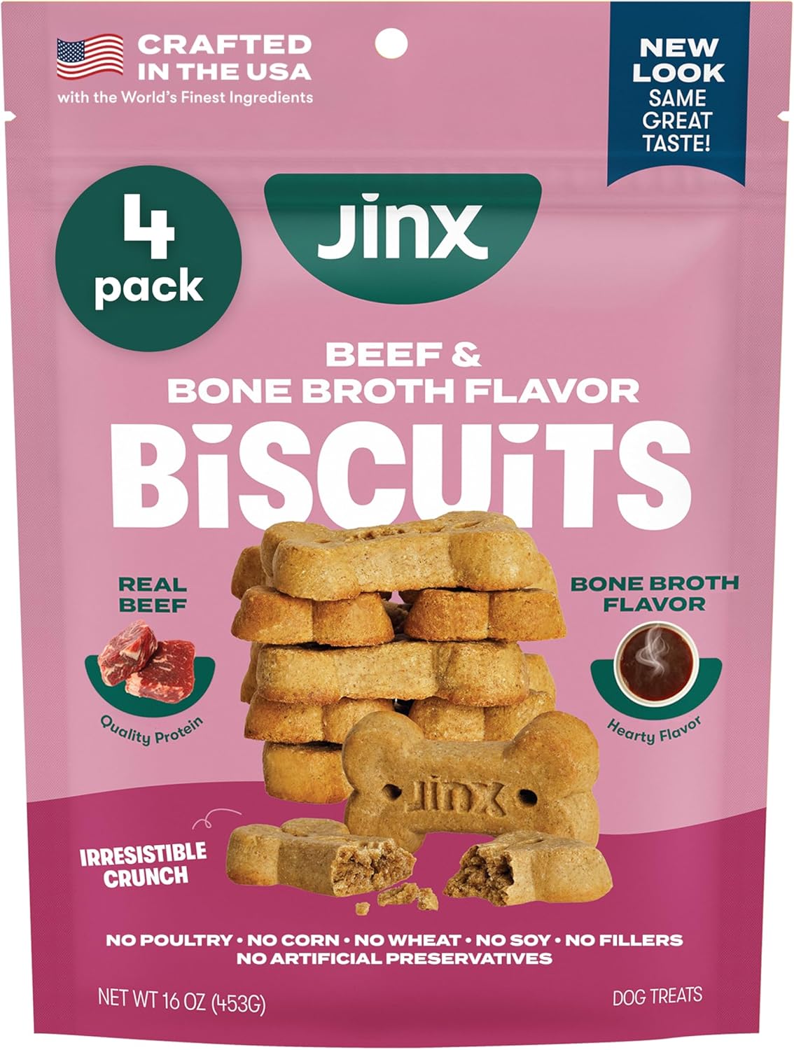 Jinx Oven-Baked Beef Bone Broth Biscuit Dog Treats - Crunchy, All Natural, Superfood-Rich with Grass-Fed Beef, Dog Biscuits for Puppies, Adults & Seniors - 16oz
