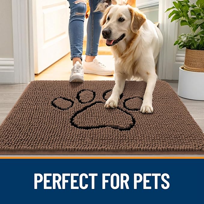 OLANLY Door Mat for Muddy Dog Paws 48x30, Ultra Absorbent Chenille Mud Doormat with Paw Print Design, Non-Slip Washable Doormat for Indoor Entryway, Quick-Dry Pet Bed Mats for Dirty Dogs, Mocha